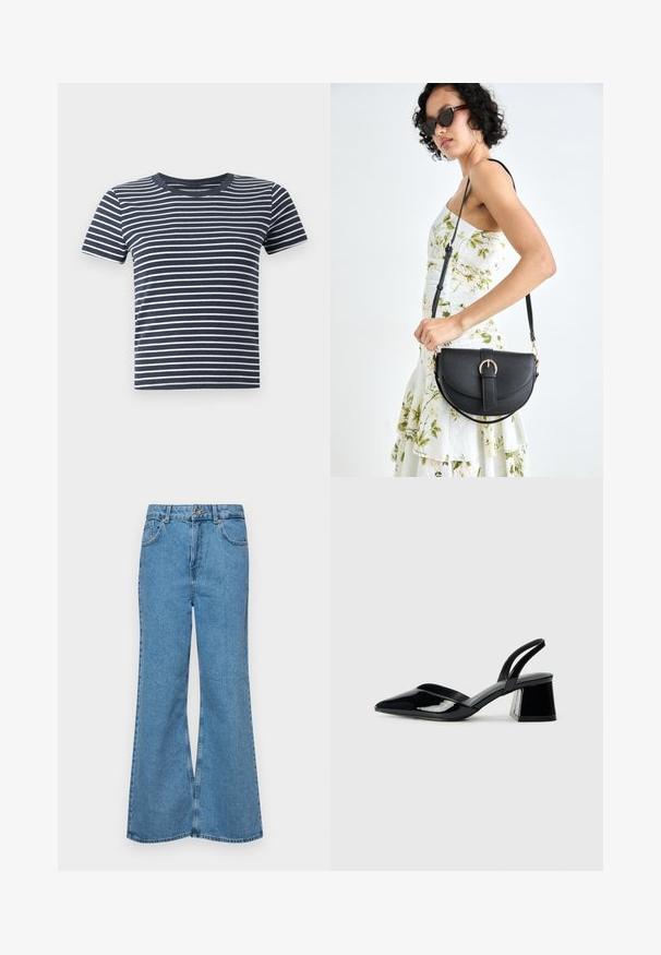 T-shirt às riscas azul marinho e branca, com mangas curtas e decote redondo. Feita de um tecido suave, apresenta riscas horizontais uniformes.; Jeans de brim azuis claros, com corte à boca de sino, apresentando uma cintura alta, cinco bolsos e um fecho de botão único. Textura macia com acabamento desbotado.; Sandy em verniz preto com salto slingback, ponta afilada e salto geométrico. Apresenta um design elegante e minimalista com textura suave.; Bolsa de couro preta com forma curva, alça destacável e detalhes em dourado. A bolsa possui uma aba com detalhe de fivela.