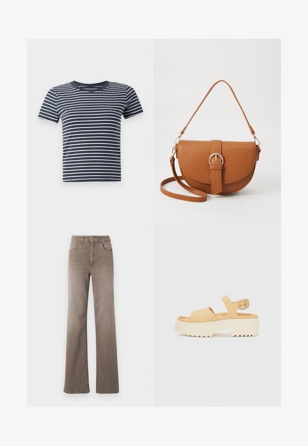 T-shirt às riscas azul marinho e branca, com mangas curtas e decote redondo. Feita de um tecido suave, apresenta riscas horizontais uniformes.; Jeans castanhos de cintura alta, de perna reta, com botão frontal, passantes para cinto e design clássico de cinco bolsos em fundo branco.; Sandália amarela em imitação de couro com uma sola branca chunky. Apresenta duas tiras largas e uma tira de tornozelo ajustável com fivela de metal.; Bolsa transversal de couro castanho com um formato curvado, ferragens douradas e um detalhe de fivela. Inclui uma alça de ombro destacável.