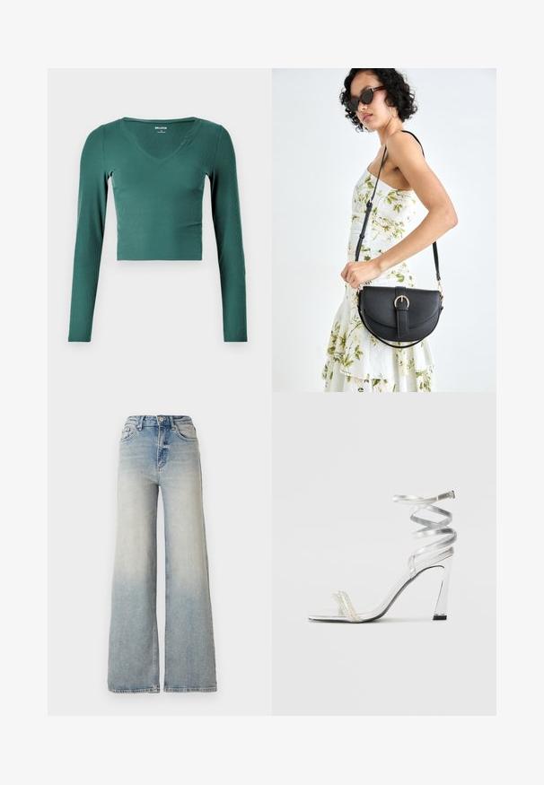 Zöld, bordázott, hosszú ujjú crop top V-nyakkivágással és testhez álló fazonnal. Puha tapintás, minimalista varrás, és nincsenek jelentős díszek vagy fém részek.; Világoskék, bő szárú farmernadrág, magas derékkal, öt zsebbel és látható varrással az illesztések mentén.; Ezüst színű, magas sarkú szandál, csillogó pánt dizájnnal, gyöngyszerű díszítéssel és spirális bokapánttal a biztos illeszkedés érdekében.; Fekete bőrtáska ívelt formával, levehető pánttal és arany színű fémrészekkel. A táskán egy csattal díszített fedél található.