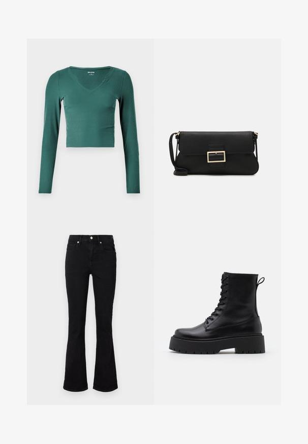 Πράσινη, ριγωτή μακριά μπλούζα cropped με V-neck και εφαρμοστή σχεδίαση. Μαλακή υφή, ελάχιστες ραφές και χωρίς αξιοσημείωτα αξεσουάρ ή υλικό.; Μαύρο τζιν παντελόνι σε φλούο σχεδίαση, κατασκευασμένο από τζιν ύφασμα, με μεσαία μέση, μπροστινές τσέπες και κούμπωμα με κουμπί. Λείο ύφασμα με ελάχιστες λεπτομέρειες ραφής.; Μαύρες δερμάτινες μποτάκια μέχρι τον γ ankles με στρογγυλή μύτη, κορδόνια μπροστά και χοντρή ελαστική σόλα με υφή. Λωρίδα στην πλάτη.; Μαύρη δερμάτινη τσάντα φάκελος με καπάκι και χρυσή μεταλλική λεπτομέρεια αγκράφας. Περιλαμβάνει μαύρη θήκη και κομψό, μινιμαλιστικό σχέδιο.