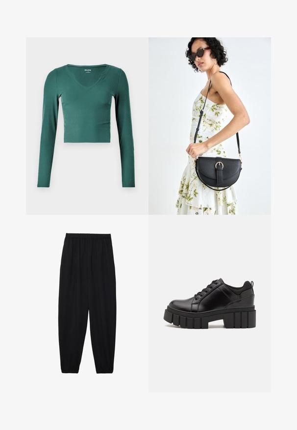 Top cropped de manga longa verde, com um decote em V e design ajustado. Textura suave, costuras mínimas e sem detalhes ou acessórios notáveis.; Calças pretas, leves, com um cinto elástico e punhos franzidos. O tecido é suave e apresenta um design relaxado e afunilado.; Sapatos de plataforma em couro preto com um salto bloco robusto, bico redondo e design clássico de atacadores. Apresentam uma textura suave e detalhes mínimos.; Bolsa de couro preta com forma curva, alça destacável e detalhes em dourado. A bolsa possui uma aba com detalhe de fivela.