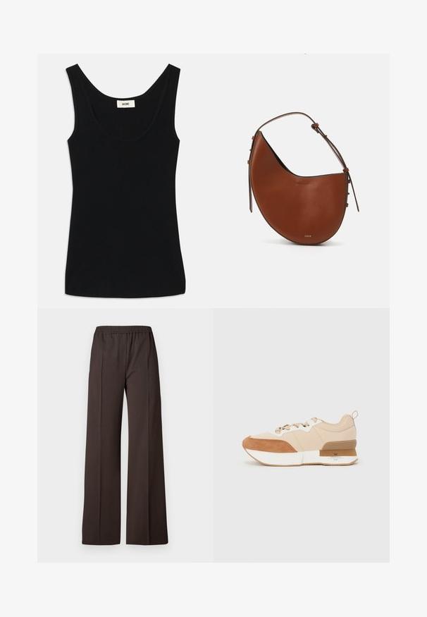 Črn top brez rokavov iz mehkega blaga s krojenim izrezom in širokimi naramnicami. Ima prilagojen kroj in čist, brezšiven dizajn.; Hlače širokih nogavica iz temno rjave tkanine z elastičnim pasom, ki se ponašajo z gladko teksturo in čistimi linijami za elegantno podobo.; Športni copat z bež tekstilno zgornjico in tanjšo anilinsko usnjeno obrobo, belo srednjo plastjo in gumijastim podplatom z oznako blagovne znamke.; Rjava usnjena torba za ramo v obliki polmeseca, s tankim rjavim trakom in diskretnimi zlatimi okrasnimi detajli. Ima gladko teksturo in minimalno šivanje.