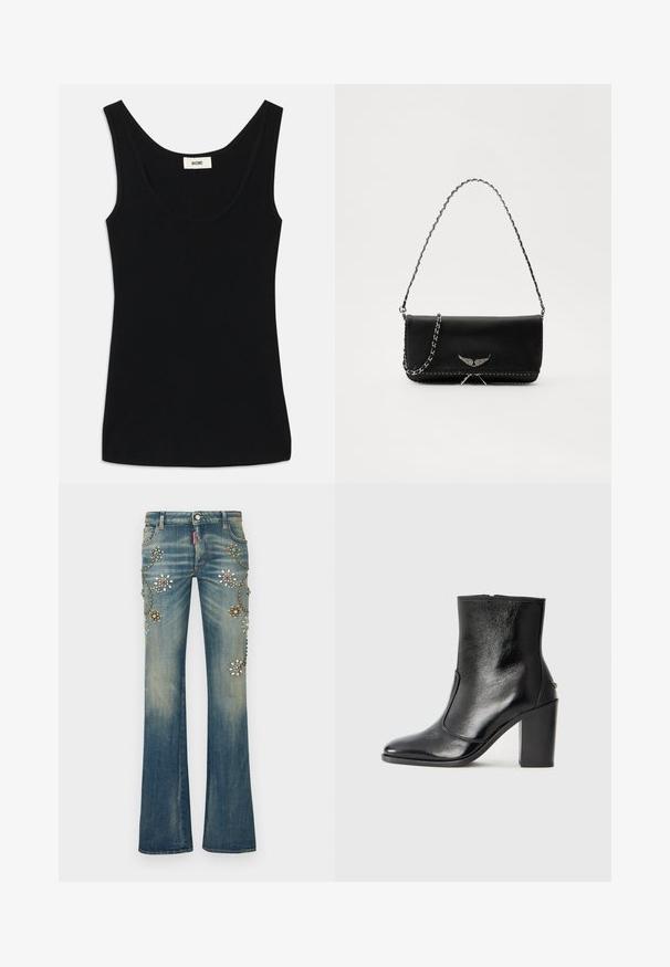 Črn top brez rokavov iz mehkega blaga s krojenim izrezom in širokimi naramnicami. Ima prilagojen kroj in čist, brezšiven dizajn.; Oprijete modre kavbojke iz jeansa z razširjenimi hlačnicami so okrašene z rožnatimi okraski v različnih barvah, skupaj z zakovicami in bleščicami, nameščenimi v dekorativnem vzorcu.; Črne usnjene gležnarske čevlje z gladko teksturo, koničastim nosom in debelim visokim petam. Imajo stransko odprtino in minimalističen dizajn.; Črna usnjena torbica s srebrnim verižnim ročajem, ki ima okrasne krilate poudarke in belo šivanje ob spodnjem šivu.