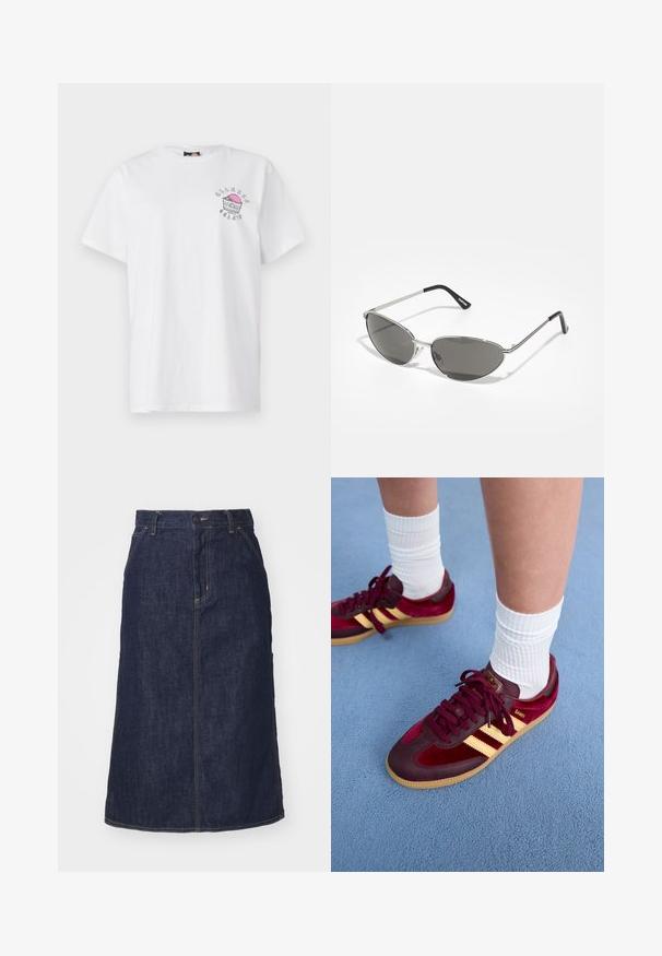 Hvit bomulls t-skjorte med rund hals, korte ermer, og et trykket design på venstre bryst med rosa og grå detaljer.; Mørk denimskjørt med høy midje, rett snitt, frontlommer og sømmer. Har glidelås og knappeåpning i midjen.; Burgunderfargede semskede og leren sneakers med gule striper og gummisåle. Hvite ribbestrikkede sokker synlige over ankelen, plassert på en blå teksturert overflate.; Solbriller med en slank, sølvmetallisk ramme, gråtonede linser og et aerodynamisk design med spisse kanter og tynne armer.; Svart quiltet tote-veske med stor åpning, buede former på overflaten, og en etikett med gul og hvit tekst på forsiden.