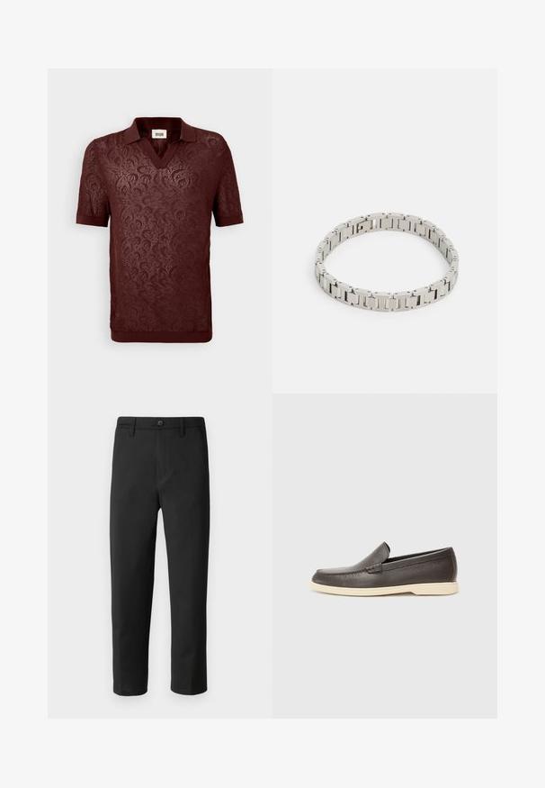 Burgunderfarget kortermet polo skjorte med teksturert blomstermønster i blonder, med V-hals og ribbet krage og kant.; Sorte bukser med rett snitt, laget av glatt stoff. Har knappelukking og beltehemper. Ingen synlige mønstre eller accenter.; Brune lær slip-on sko med en teksturert overflate og en kontrasterende lys beige såle, med en avrundet tå og minimale sømdetaljer.; Sølvmetallarmbånd med rektangulære lenker, en polert finish og små sirkulære detaljer, designet for en tett passform rundt håndleddet.