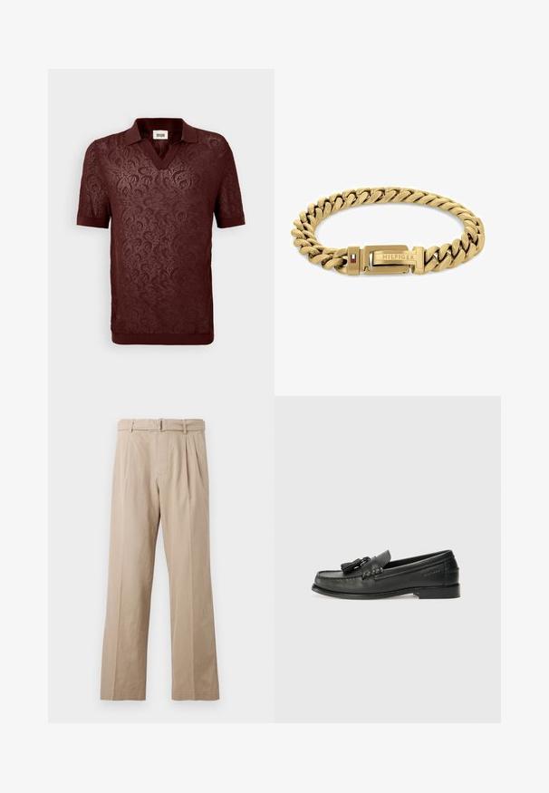 Burgundy lyhythihainen polo-paita, jossa on teksturoitu kukkakuvioinen pitsidesign, V-pääntie sekä ribbaus kauluksessa ja helmoissa.; Beige, leveled-hameet housut, jotka on valmistettu sileästä puuvillasekoitteesta. Niissä on etupleatsit, ommeltu vyötärönauha ja metallinen solkivyö.; Musta nahkaloaferit, joissa on pyöreä kärki, koristeelliset tupsut ja ommeltu kuvio. Tasapohja, jossa on hienovarainen brändäys sivulla.; Kultaketju, jossa on toisiinsa kytkeytyviä linkkejä, jossa on "HILFIGER"-logo ja punainen sekä sininen yksityiskohta. Sujuva, kiillotettu pinta.