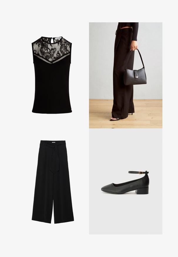 Musternine seljatagi, kus on pitsist yoke ja võrgutonk, ribatähe mustriga, võtmeauk taga ning sobiv disain.; Mustad laiad püksid, millel on tekstureeritud kangas, elastne vöökoht ja eemaldatav pael vööst, et reguleerida sobivust.; Must mustaapp, millel on terav nina ja madal blokk-kand. Omab pahkluu rihma koos kuldse tooni pandlaga. Sile tekstuur.; Must musta kott, millel on struktureeritud kuju, sile tekstuur ja metallist klamber. Kombineeritud laiate mustade pükstega ja avatud varvaste sandaalidega puidust põrandal.