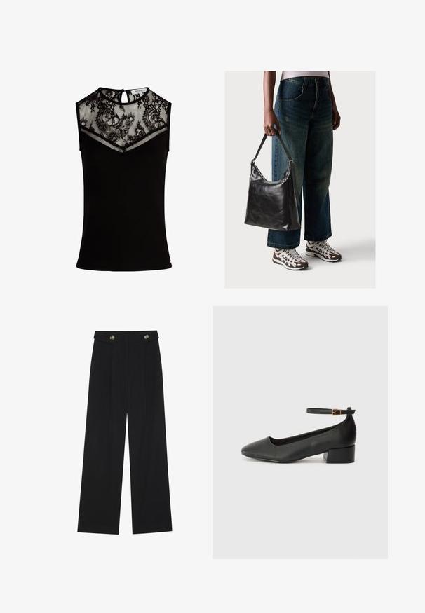 Top negro sin mangas con un yugo de encaje y panel de malla, textura acanalada, detalle de espalda con ojal y un diseño ajustado.; Pantalones de pierna ancha negros con cintura alta, detalles de botones en la cinturilla y pliegues en la parte delantera.; Zapato de tacón negro de cuero con punta afilada y tacón bajo cuadrado. Presenta una correa para el tobillo con una hebilla en tono dorado. Textura suave.; Bolso de hombro de cuero negro con una textura suave y correa ajustable, combinado con jeans de pierna ancha desgatados y zapatillas deportivas.