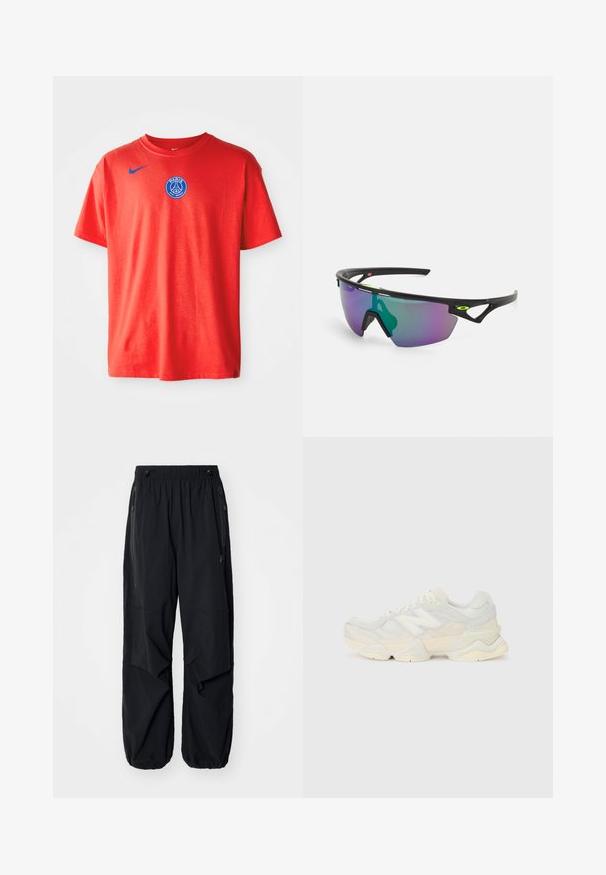 Rde majica s kratkimi rokavi iz bombaža z modrim Nike logotipom na levem ramenu in modrim grbom Paris Saint-Germain na sredini prsnega dela.; Črne lahke cargo hlače z elastičnim pasom, stranskimi zadrgami in prostornimi žepi. Imajo ohlapno prileganje in zožene manšete.; Lahki športni čevlji z zgornjim delom iz mrežastega materiala in antilopa v nežnih kremnih tonih, z debelim podplatom in tridimenzionalnimi poudarki.; Športne sončna očala z črnim okvirjem, velikimi gradacijskimi lečami v vijoličnih in zelenih odtenkih ter oglatimi oblikovnimi poudarki z logotipom.