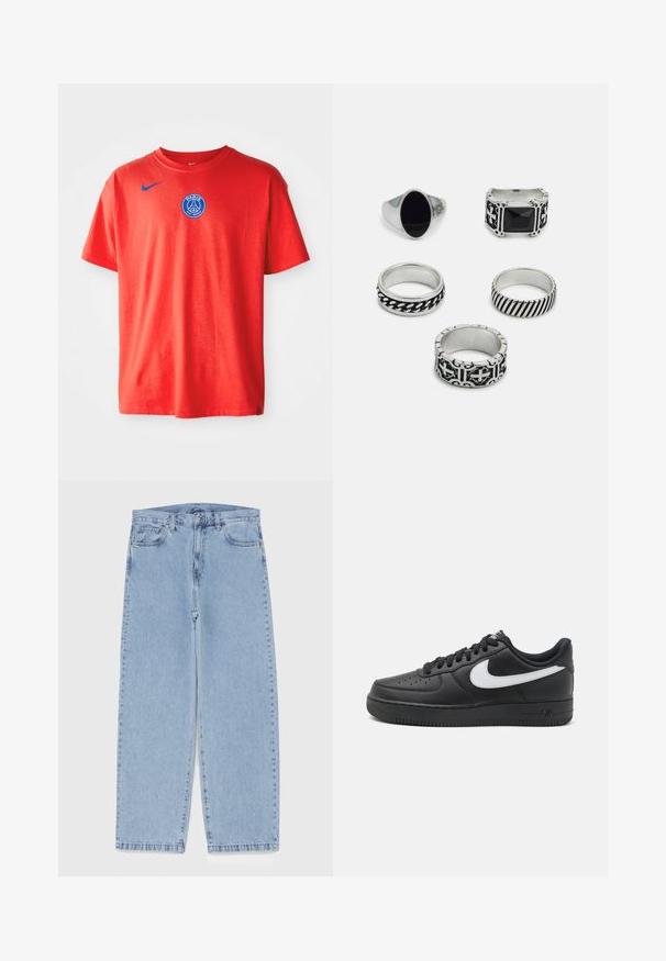 Raudona medvilninė marškinė su mėlynu Nike logotipu kairiajame petyje ir mėlynu Paryžiaus Saint-Germain ženkleliu priekyje. Trumpomis rankovėmis.; Šviesiai mėlyni džinsai su tiesiomis kojomis, turintys vidutinio aukščio juosmenį, penkias kišenes ir mygtuko bei užtrauktuko uždarymą.; Juodi Nike Air Force 1 sportbačiai su lygia odine viršutine dalimi, balta logotipo akcentu, perforuota nosimi ir tekstūruotu guminio pado.; Penkių žiedų rinkinys: vienas sidabrinis žiedas su juodu akmeniu, keturi metaliniai žiedai su įvairiomis ornamentų formomis, įskaitant pintus ir dryžuotus raštus.