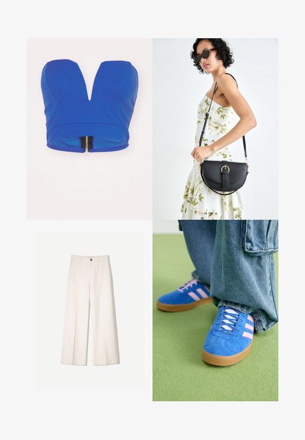 Kék crop top mély V-nyakkivágással, a hátsó részen cipzárral és sima, rugalmas anyagú textúrával.; Tejbézs széles lábú nadrág, szabott kialakítással, két elülső zsebbel és egyetlen elülső gombos záródással, sima anyagból készült.; Kék velúr cipők rózsaszín csíkokkal és fehér fűzővel, gumiból készült talppal, laza farmernadrággal egy zöld felületen.; Fekete bőrtáska ívelt formával, levehető pánttal és arany színű fémrészekkel. A táskán egy csattal díszített fedél található.