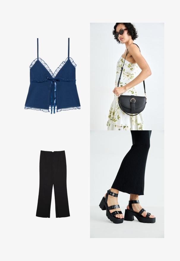 Navy blauwe cami met dunne bandjes, voorzien van een ruche van doorschijnende kant langs de halslijn en de onderrand, en een satijnen strik rondom de taille.; Zwarte broek met een rechte pasvorm, voorzien van zijzakken en plooien aan de onderzijde. Gemaakt van zachte, gladde stof. Geschikt voor verschillende gelegenheden.; Zwarte platform sandalen met dikke, grofgevormde zolen en meerdere bandjes, voorzien van metalen gespen en een gladde leerachtige textuur.; Zwarte leren handtas met een gebogen vorm, afneembare schouderband en gouden hardware. De tas heeft een klep met een gespsluiting.