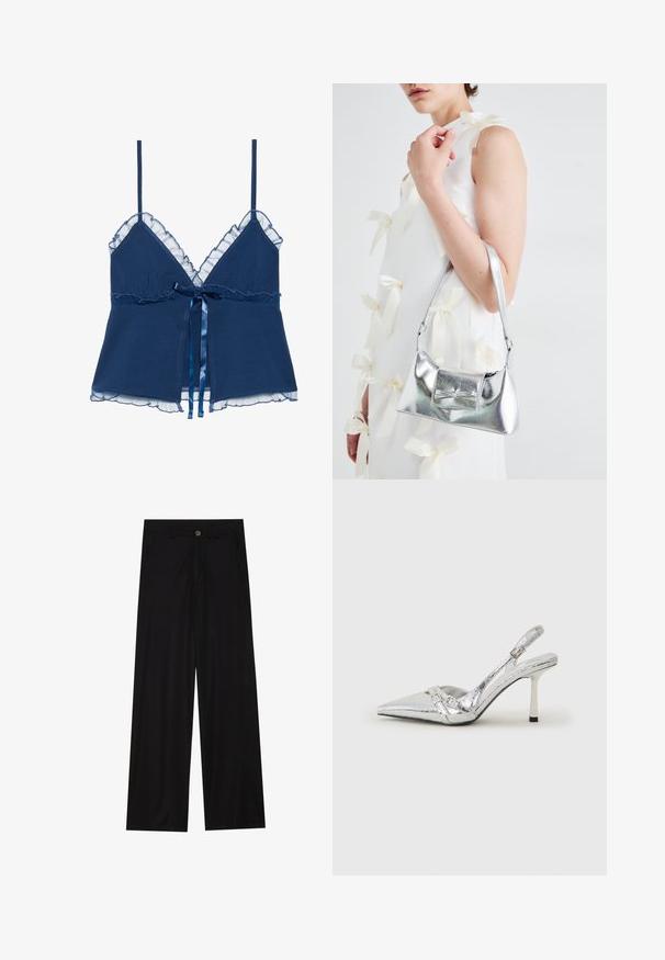 Camiseta de tirantes finos en azul marino, con un borde de encaje transparente con volantes a lo largo del escote y el dobladillo, y un lazo de satén en la cintura.; Pantalones negros de pierna ancha hechos de una tela suave, con bolsillos delanteros y cierre de botón en la cintura. Diseño minimalista sin patrones.; Zapato de tacón alto plateado tipo slingback con punta afilada, acabado metálico, dos correas decorativas y un tacón delgado con punta negra.; Bolso de mano metálico plateado con forma estructurada, que presenta un asa superior y un detalle de lazo en el frente. Textura suave y acabado reflectante.