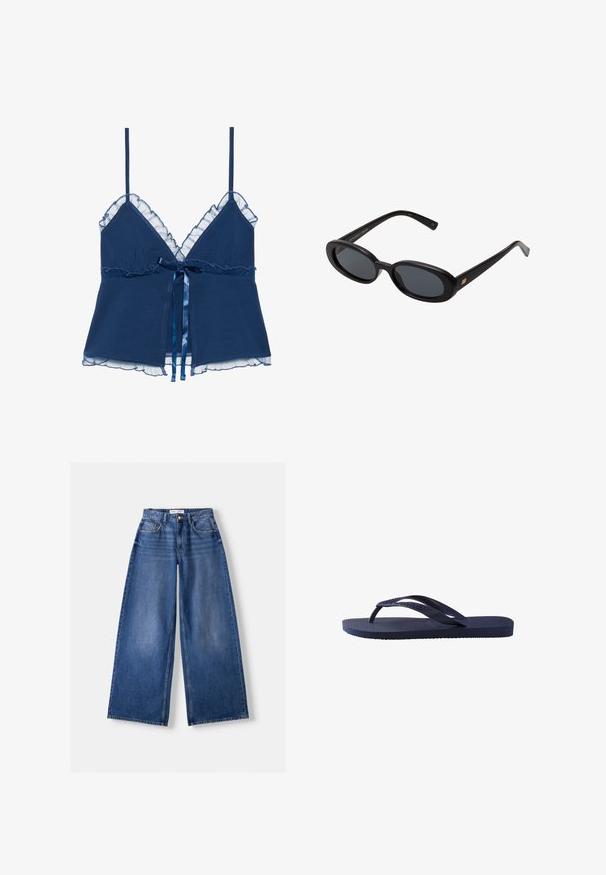 Navy-blaues Trägershirt mit schmalen Trägern, versehen mit einer Rüsche aus transparenter Spitze entlang des Ausschnitts und Saums, sowie einem Satinschleifenband in der Taille.; Bershka WIDE-LEG - Wide Leg - dark blue; Marineblaue Flip-Flops mit strukturierten Gummiträgern und Sohle, die ein wellenförmiges Muster auf den Trägern und ein flaches, geriffeltes Fußbett haben.; Schwarze, oversized Sonnenbrillen mit ovalen Gläsern, glattem Kunststoffrahmen und goldenen Akzenten an den Bügeln. Die dunklen Gläser bieten Sonnenschutz.