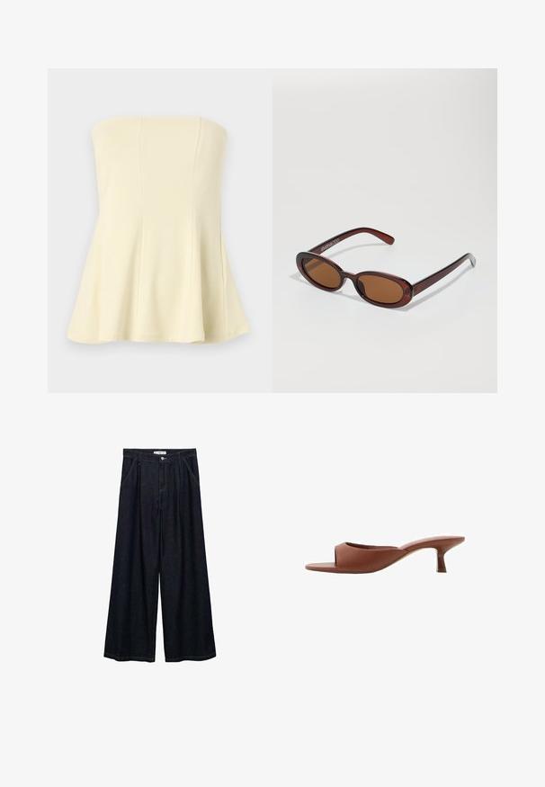 Strapless light yellow top with a flared design, made from a smooth, soft fabric; features vertical seams for structure and fit.; Denim crop top featuring a zip front, curved seam detailing, and a repeated crescent moon pattern in light blue on a darker blue base.; Dark denim wide-leg trousers with a high waist, featuring a front button closure, two side pockets, and stitching details.; Brown open-toe heeled mules with a smooth, matte finish, featuring a curved design and a transparent, tapered heel.; Round, brown-tinted sunglasses with a glossy burgundy frame. Slim arms with subtle branding detail. Flat lens design.; Brown leather handbag with dual straps, a rounded shape, gold hardware, and a central buckle detail. Smooth texture with stitched accents.