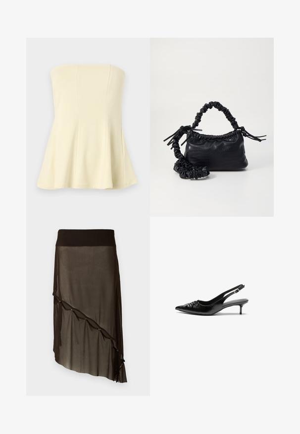 Top senza spalline di colore giallo chiaro con un design svasato, realizzato in un tessuto morbido e liscio; presenta cuciture verticali per struttura e vestibilità.; Gonna nera in rete con vita aderente, orlo asimmetrico, bottoni decorativi lungo il davanti e texture sovrapposta trasparente.; Tacchi slingback in pelle nera con punta affusolata, piccolo tacco kitten e un dettaglio a nodo decorativo sulla parte anteriore. Texture liscia su tutta la superficie.; Borsa a tracolla in ecopelle nera con texture a coccodrillo, apertura cinchata e tracolla arricciata. Si presenta con un design morbido e compatto.