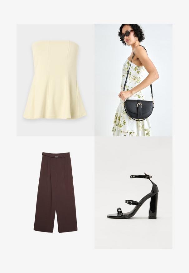 Keltaisen vaalean strapless-topin liehuva muotoilu, valmistettu sileästä ja pehmeästä kankaasta; siinä on pystysaumat rakenteen ja istuvuuden varmistamiseksi.; Stradivarius WIDE-LEG WITH BUCKLE DETAIL - Housut - dark brown; Musta kiiltävä korkokenkä sandaalit neliönmuotoisella varpaalla, nilkkaremmillä ja hopeisilla soljilla. Varustettu tukevalla lohkokorkealla vakauden takaamiseksi.; Musta nahkainen käsilaukku, joka on kaareva muotoilultaan, irrotettavalla hihnalla ja kultaisilla yksityiskohdilla. Laukussa on läppä, jossa on solk yksityiskohta.