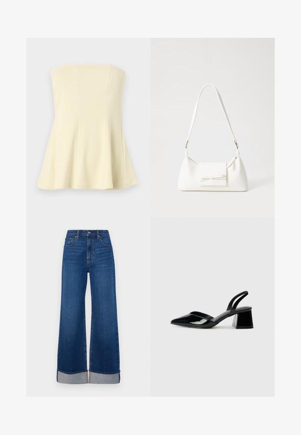 Strapless lichtgele top met een uitlopende ontwerp, gemaakt van een gladde, zachte stof; heeft verticale naden voor structuur en pasvorm.; Abercrombie & Fitch HEM 90S  RELAXED  - Relaxed fit jeans - dark blue denim; Zwarte gepatineerde leren slingback hakken met een spitse neus en een geometrische blokhak. Kenmerkt zich door een slank, minimalistisch ontwerp en een gladde textuur.; Witte synthetische handtas met een driehoekige vorm, platte voorklep en strikdetail, verstelbare schouderriem, gladde textuur en minimalistisch ontwerp.