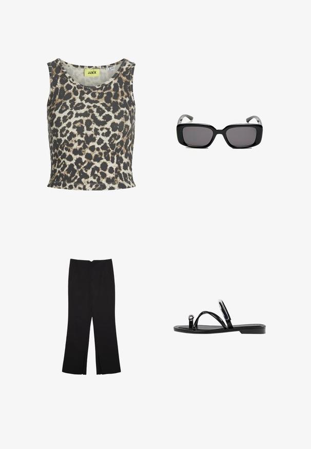 Tanktop med leopardprint i ribbet stof, med rund halsudskæring og ærmeløst design. Farvepaletten inkluderer beige, brun og sort.; Sorte bukser med lige pasform, der har frontlommer og slidser i kanten. Lavet af blødt, glat stof. Velegnet til forskellige anledninger.; Sorte flade sandaler med en blank finish, tre tynde stropper og en cirkulær hardwaredetalje ved tæerne. Slankt design med en minimal hæl.; Sorte rektangulære solbriller med mørke linser, glat plastikramme og buede stænger. Designet er klodset med en minimalistisk æstetik.