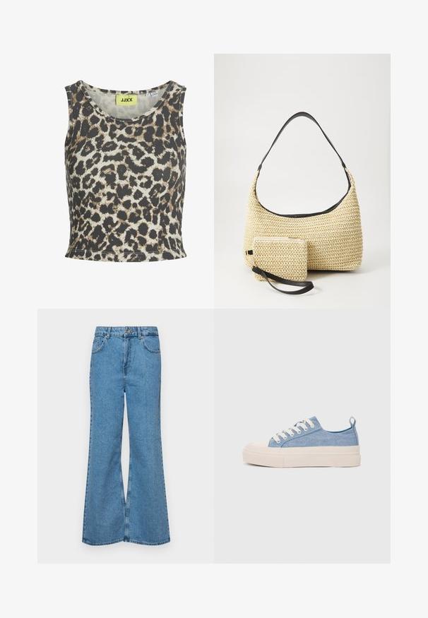 Leopardi mustriga tanktop ribide materjaliga, ringkraega ja ilma varrukateta disainiga. Värvilahendus sisaldab beeži, pruuni ja musta.; Heledad sinine flared teksade rõivad, millel on kõrge talje, viis taskut ja üks nupulukk. Pehme tekstuur ja pleekinud viimistlus.; Heledad sinised kangast tennisekingad koorevärvi kummist varbakatte ja taldaga, millel on valged paelad ja tõmblukk kandadel.; Kootud õlekott, millel on kõver siluett, ja sile must nahkrihm ning sobiv väike kott, mis on kinnitatud randme rihmaga.