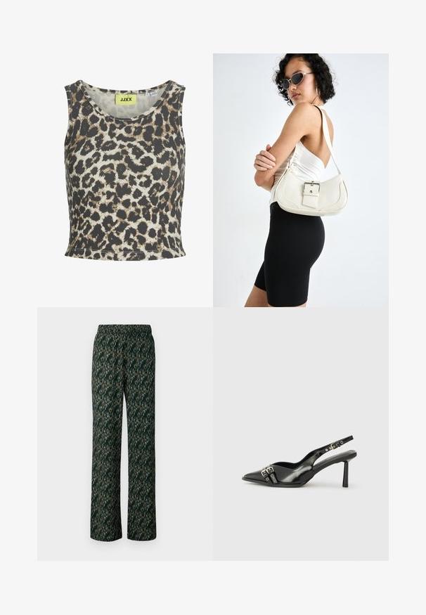 Top z leopardjim vzorom iz rebraste tkanine, z okroglym izrezom in brezrokavnim dizajnom. Barvna paleta vključuje bež, rjavo in črno.; Široke hlače iz temno zelene tkanine z zapletenim, večbarvnim vzorcem. Imajo elastičen pas za udobje.; Črne patentne usnjene sandale s koničastim nosom, zankami okoli gležnja s srebrnimi sponkami in opremo ter vitkimi petami.; Bela usnjena torbica s ukrivljeno obliko, nastavljivim trakom in majhnim detajlom s sponko. Model nosi oprijet črno obleko.; Zlato obarvani uhani z teksturiranimi, valovitimi oblikami. Vključujejo skulpturalne sponke za ušesa in odprto obliko obročka s kladivastim finišem.