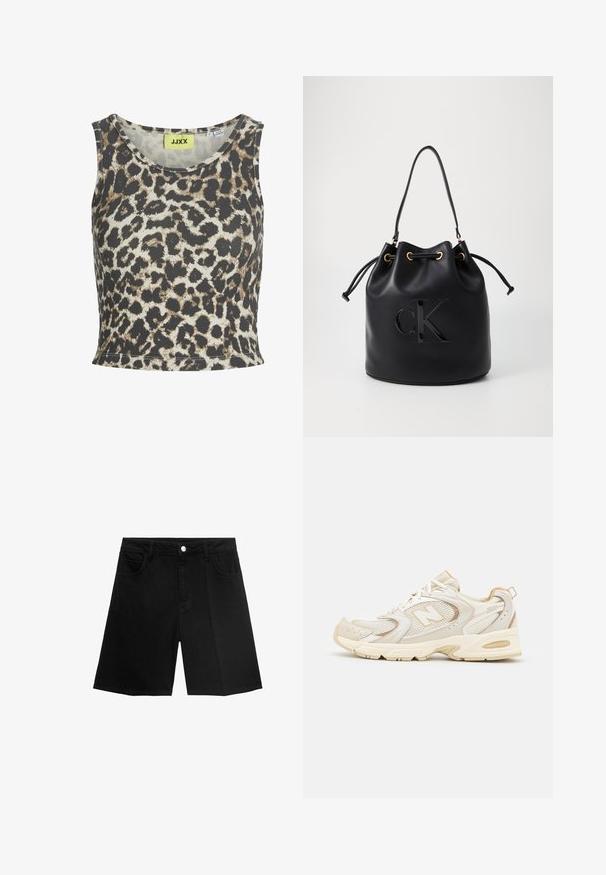 Tank top s leopardím vzorom vyrobený z rebrovanej látky, s okrúhlym výstrihom a bezrukávovým dizajnom. Farebná paleta obsahuje béžovú, hnedú a čiernu.; Čierne džínsy s rovnými nohavicami, piatimi vreckami a strieborným gombíkom na zapínanie. Hladká textura s minimálnymi detailmi šitia.; Bežové športové topánky s sieťovinou a syntetickými prekrytiami, s textúrovaným povrchom, polstrovaným golierom a odpružením "ABZORB" na päte.; Čierna kožená vedierková taška so sťahovacím uzáverom, so lesklým logom "CK" na prednej strane a zlatými kovovými detailmi.