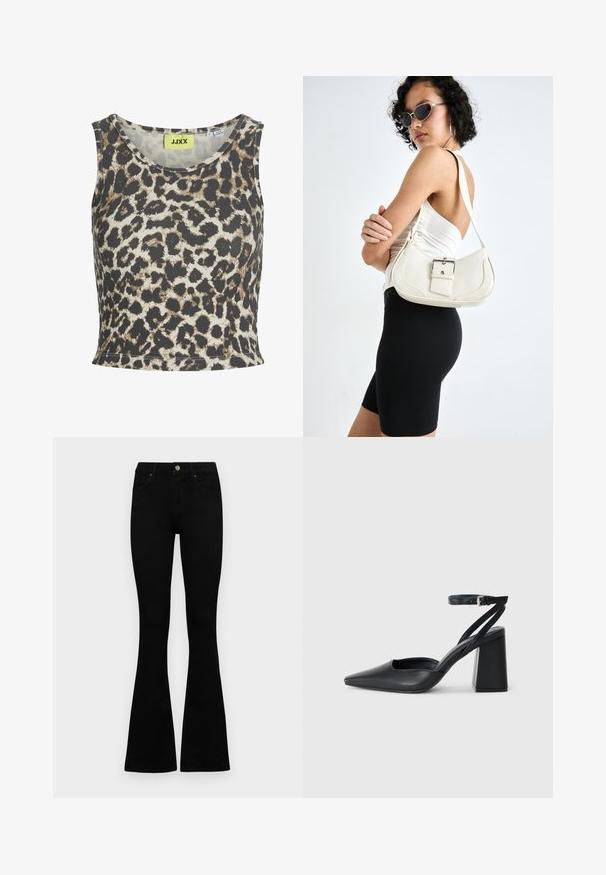 Leopardenmuster-Trägershirt aus geripptem Stoff, mit Rundhalsausschnitt und ärmellosem Design. Farbpalette umfasst Beige, Braun und Schwarz.; Schwarze hochtaillierte Jeans mit einem Knopf- und Reißverschluss, Fronttaschen und ausgestellten Beinen, flach auf einem weißen Hintergrund ausgelegt.; Schwarze Leder-Pumps mit spitzer Zehe, einem Knöchelriemen und einem blockigen Absatz. Flache Textur, elegantes Design und minimalistische Ästhetik.; Weiße Lederhandtasche mit geschwungener Form, verstellbarem Tragegurt und einem kleinen Schnallendetail. Das Modell trägt ein enges schwarzes Outfit.