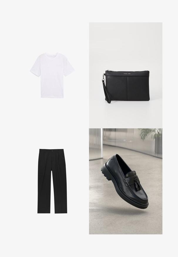 Biała bawełniana koszulka z krótkim rękawem, okrągłym dekoltem i małym, subtelnym logo marki na lewej piersi. Prosty design.; Czarne spodnie o prostym kroju, wykonane z gładkiego materiału. Posiadają zakładki z przodu i pojedyncze zapięcie na guziki w pasie.; Czarne skórzane mokasyny o gładkim wykończeniu, z dekoracyjnym chwostem, grubą gumową podeszwą i przeszyciami. Lekka i elegancka konstrukcja.; Czarna syntetyczna kopertówka z zamkiem błyskawicznym, paskiem na nadgarstek i gładką teksturą. Posiada subtelne szwy oraz wytłoczone logo z przodu.