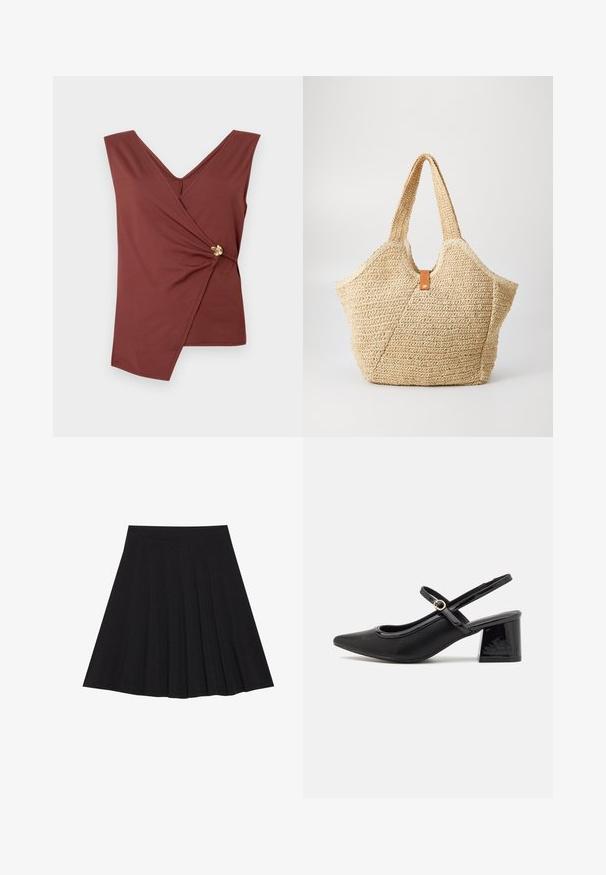 Top castanho sem mangas com bainha assimétrica e um fecho decorativo dourado de lado.; Saia preta plissada feita de tecido texturizado com uma faixa na cintura ajustada. Cai até ao joelho, apresentando uma silhueta suave e limpa.; Sabrinas de cerâmica preta com salto bloco, bico apontado e um design com recortes arredondados. Apresenta um detalhe em fivela de tom dourado.; Grande bolsa de palha com um exterior texturizado em bege e duas alças largas. Apresenta uma alça de couro para fecho.
