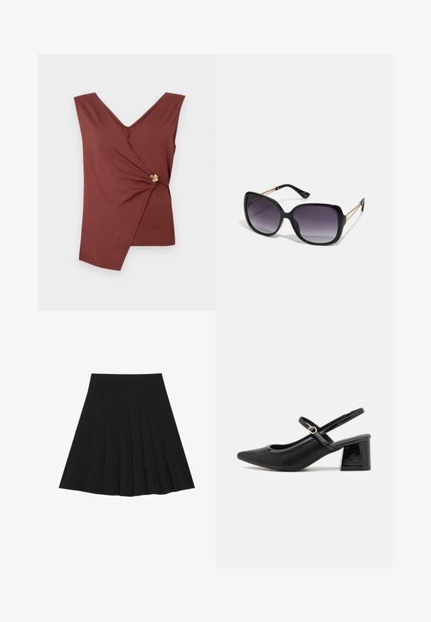 Brezrokav brown ovitek s asimetričnim robom in zlatim dekorativnim zaponko na strani.; Črna plisirana krila iz strukturiranega materiala s prilegajočim pasom. Segajo do kolen in ponujajo gladko, čisto silhueto.; Črne patentne usnjene salonarce s slingback obliko, s koničastim nosom, zaobljenim izrezom in blok peto. Imajo zlato kovinsko zaponko kot dodatno okrasje.; Črne prevelike sončne očala z degradacijskimi lečami, debelimi okvirji in zlatimi verižicami na ročajih.; Črna torbica z strukturirano obliko, gladko teksturo in kovinskim zaponko. Ujemajo se z širokimi črnimi hlačami in odprtimi sandali na lesenem tleh.