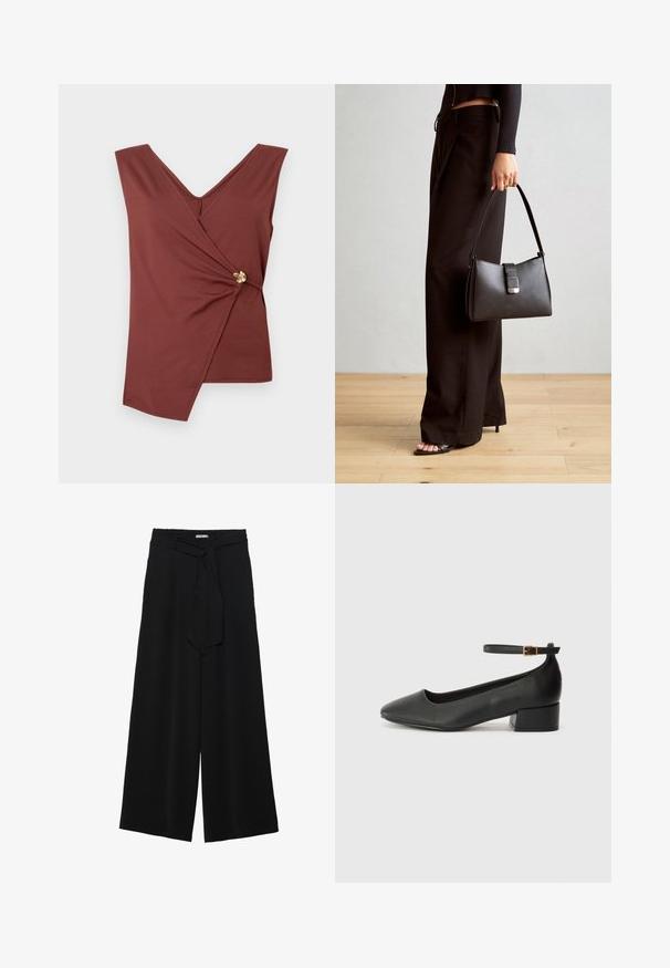 Ärmellös brun viktop med asymmetrisk fåll och ett guld dekorativt lås på sidan.; Svarta vida byxor med texturerad tyg, elastisk midja och en avtagbar käppknut i midjan för justerbar passform.; Svart läderpump med spetsig tå och en låg klack. Har en ankelsnodd med en guldtonad spänne. Slät textur.; Svart handväska med strukturerad form, slät yta och metallspänne. Matchad med vida svarta byxor och sandaler med öppen tå på trägolv.