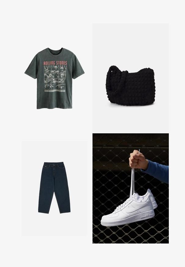 Next LICENSE REGULAR - T-Shirt print - grey rolling stones; Dunkelblaue, hochgeschnittene Jeans mit lockerer Passform, ausgestattet mit fünf Taschen und einem Knopfverschluss. Hergestellt aus Denim mit glatter Textur.; Weiße Leder-Sneaker mit Perforationen, runder Zehenpartie, flacher Sohle und dicken Schnürsenkeln, mit sichtbar eingesticktem Swoosh-Logo und "AIR" an der Ferse.; Schwarze Stofftasche mit einer strukturierten, gesteppten Oberfläche. Abgerundete Form, kurze, dicke Griffe und eine weiche, flexible Struktur.