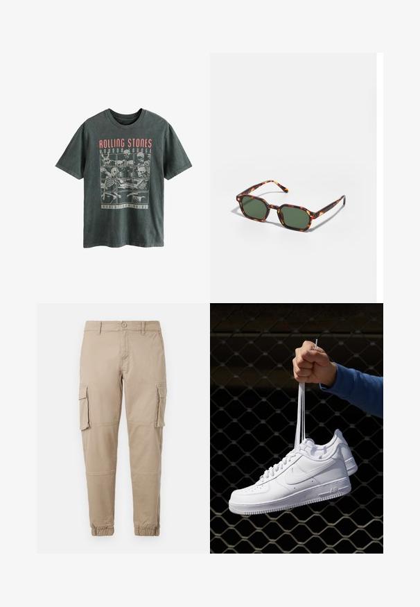 Next LICENSE REGULAR - Tričko s potlačou - grey rolling stones; Béžové cargo nohavice vyrobené z ľahkej bavlny. Majú elastické manžety, viacero bočných vreciek a zapínanie na gombík.; Biele kožené tenisky s perforáciami, okrúhlou špičkou, plochou podrážkou a hrubými šnúrkami, pričom majú viditeľné logo swoosh a nápis "AIR" na päte.; Okuliarovité slnečné okuliare z korytnačiny s zelenými šošovkami, s osmiuholníkovým tvarom a tenkými, zakrivenými rámikmi. Materiál má lesklý povrch.