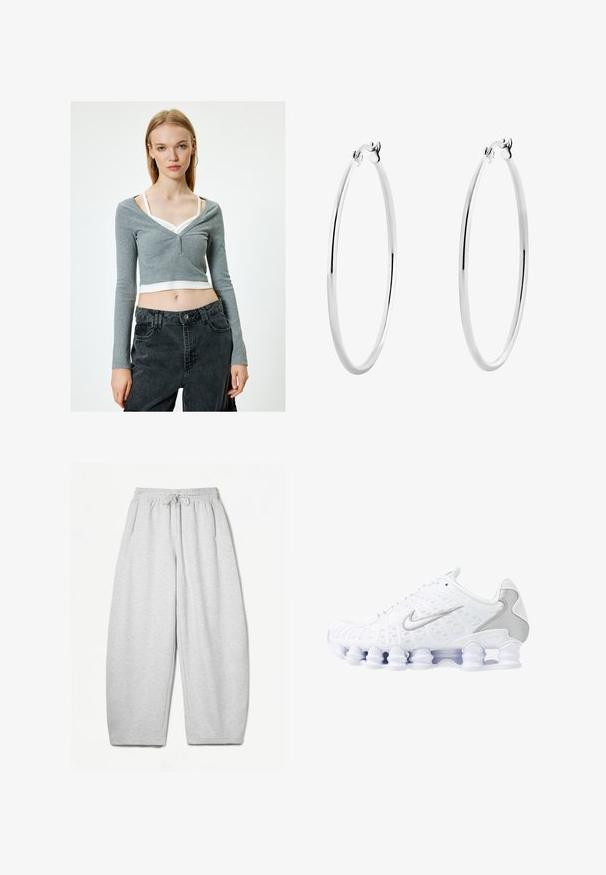 Grå cropped langærmet top med V-hals, der har tre knapper fortil. Båret med mørke højhalsede bukser. Hvid tanktop synlig under.; Lysegrå sweatpants med en afslappet pasform, elastisk talje, snøre og sidelommer; lavet af blødt, struktureret stof.; Hvide atletiske sko med mesh-overdel, sølvfarvede detaljer og et unikt spiral-såledesign. Har polstret krave og snørebåndslukning for en god pasform.; Sølv hoops øreringe med en glat, poleret overflade og en tynd, cirkulær form. Designet har en sikker låsemekanisme.