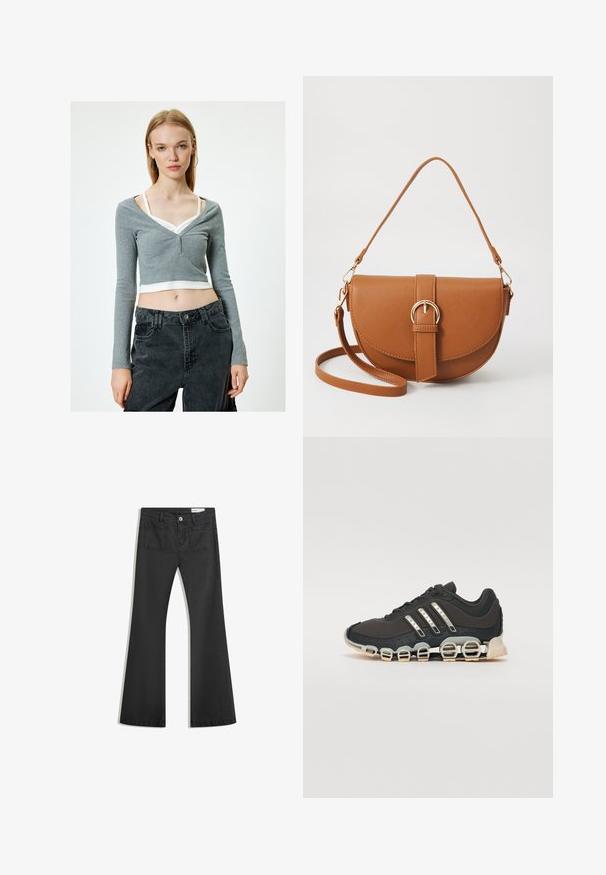 Gray cropped long-sleeve top with a V-neck, featuring three buttons at the front. Paired with dark high-waisted pants. White tank visible underneath.; Black flared jeans made of denim with a smooth texture, featuring two back pockets and a button closure at the waist.; Black athletic shoe with a textured upper, three silver stripes, and a distinctive cushioning sole featuring multiple integrated sections.; Brown leather crossbody bag with a curved shape, gold hardware, and a buckle accent. Features a detachable shoulder strap.