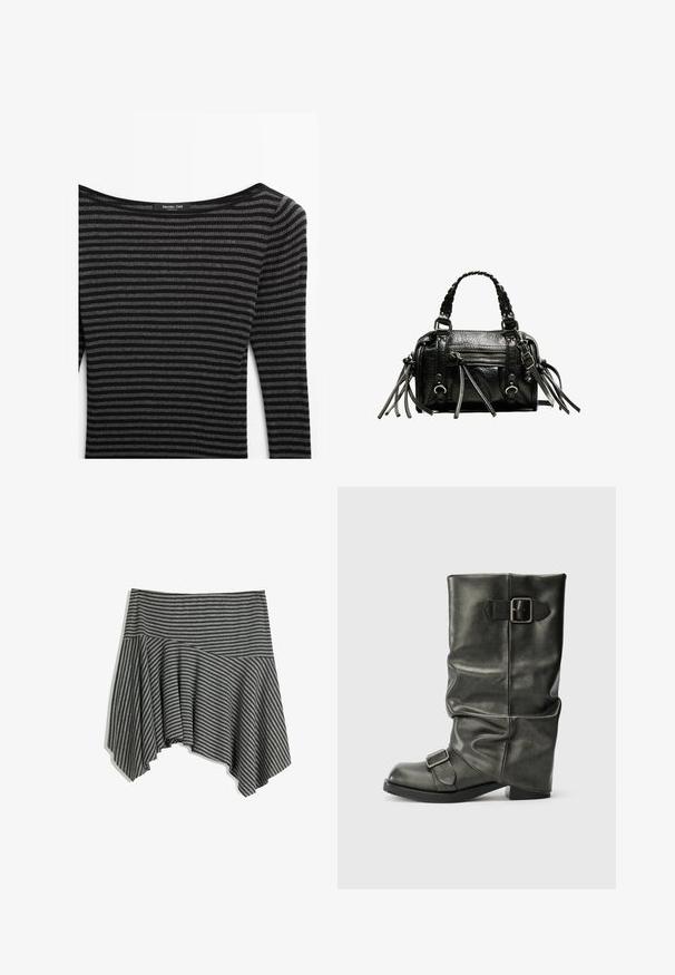 Schwarz- und grau gestreifter Pullover mit gerippter Textur, ausgestattet mit einem weiten Ausschnitt und langen Ärmeln. Marke: Massimo Dutti.; Grau gestreifte Tasche mit asymmetrischem Saum. Aus weichem Stoff gefertigt, mit einem figurbetonten Bund und fließendem Fall.; Schwarzer Fake-Leder-Ankle-Boot mit einem lässigen Schaft, einem auffälligen Absatz und zwei metallischen Schnallen an der Seite für Details.; Schwarze Lederhandtasche mit geflochtenen Tragegriffen, texturiertem Oberflächen, einem Reißverschluss-Frontfach und dekorativen Fransenakzenten. Kompakte und strukturierte Form.