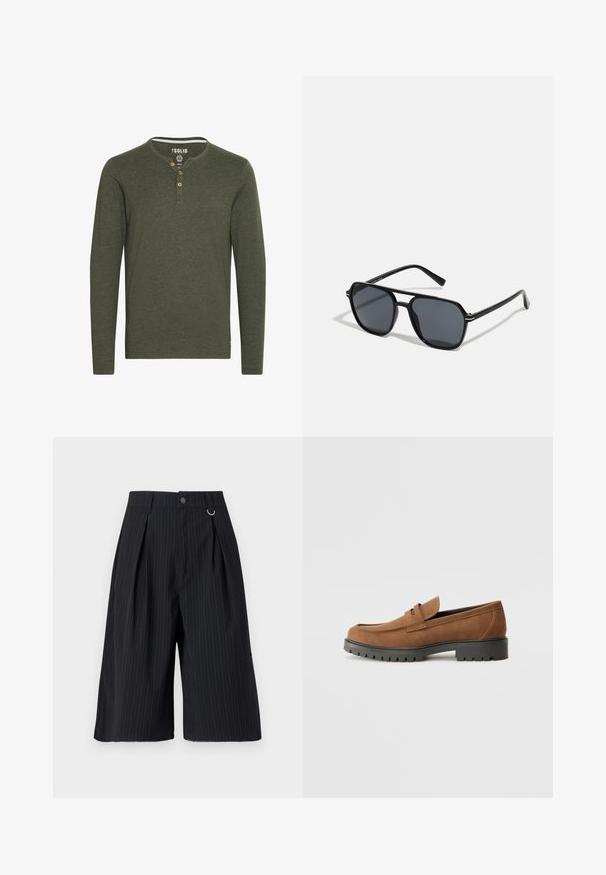 Solid SDVOLKO - Langærmet T-shirt - olive; Sorte stribede shorts med plisseringer, knaplukning og metalringdetalje. Glat stof med en skræddersyet pasform og design i knælængde.; Brune Suede loafers med en rund tå og en lav sort gummisål, der har et dekorativt bånd og syninger på overdelen.; Sorte solbriller med oktagonal stel, mørke linser, blank overflade, fine stænger og guldaccenter på forsiden.