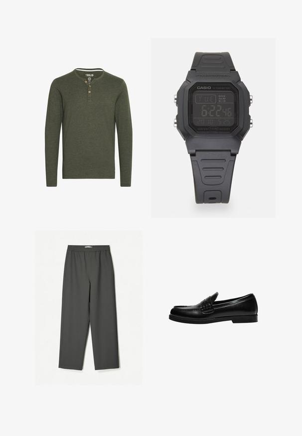 Solid SDVOLKO - Majica z dolgimi rokavi - olive; Temno sivi, visok pas široke hlače iz lahkega materiala. Elastičen pas, brez vidnih vzorcev in stranske žepe.; Črne usnjene loafer čevlje z gladko površino, ki imajo šivano dekoracijo na vampu in nizko, trdo črno gumijasto podplat.; Digitalna ura s pravokotno črno plastično ohišje, LCD zaslon, ki prikazuje čas, datum in alarm, ter teksturiran črni gumijast pas. Vodotesna do 100 m.