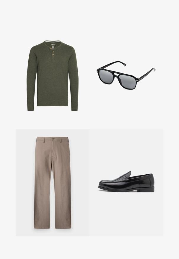Solid SDVOLKO - Langarmshirt - olive; Beige gerade geschnittene Hose aus leichtem Stoff mit Knopfverschluss, ausgestattet mit frontalen Taschen und sauberer Naht.; Schwarze Lederloafers mit abgerundetem Zehenbereich, dekorativen Nähten und einem niedrigen Absatz. Glatte Oberfläche mit dezentem Glanz. Klassisches Design ohne Verzierungen.; Schwarze Sonnenbrille mit rechteckigen Rahmen, grauen getönten Gläsern und einer Aussparung im Nasensteg. Schlanker, glänzender Kunststoff, mit schmalen Bügeln.