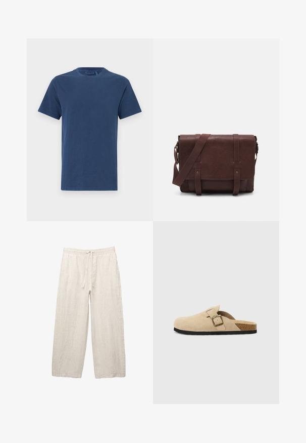 Temno modra bombažna majica s krojem do vratu, kratkimi rokavi in ravnim krojem. Gladka tekstura, brez vidnih vzorcev ali okrasitev.; Lanene hlače v svetlo bež barvi, z elastičnim pasom in vrvico, širokimi nogavicami in stranskimi žepi. Gladka tekstura.; Bež sueded klompe na potplat s koricom, zaobljenim vrhom i jednostavnom trakom s zlatnim kopčom. Gumeni potplat za prianjanje.; Rjava usnjena torba za sporočila z ravnim sprednjim poklopcem, dvema trakovoma, zlatimi kovinskimi detajli in nastavljivim naramnim pasom.