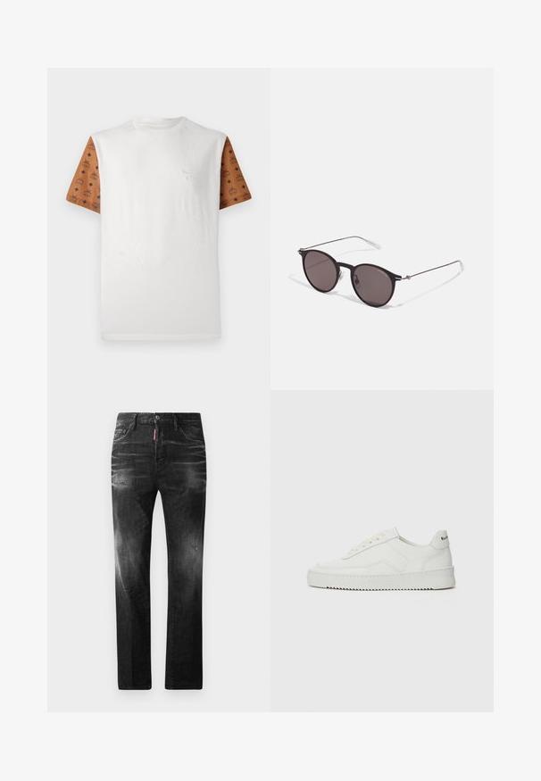 Tričko s krátkymi rukávmi s bielym telom a hnedými rukávmi so vzorom, ktoré obsahujú opakujúci sa dizajn v čiernej farbe. Podrobná logo na hrudi.; Čierne denimové džínsy so štandardným strihom. Obsahujú vyblednuté oblasti, drobné opotrebenie, klasický dizajn s piatimi vreckami a zapínanie na gombík.; Biele kožené tenisky s hladkým povrchom, okrúly špičkový dizajn, ploché šnúrky a textúrovaná podrážka. Obsahujú jemné logo na päte.; Čierne okrúhle slnečné okuliare s tmavými sklami a tenkými kovovými ramenami. Obsahujú priehľadné konce rámov a strieborné akcenty na pántoch. Minimalistický dizajn.