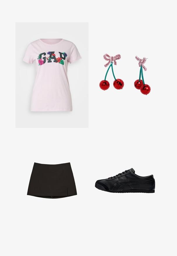 GAP TEE - T-Shirt print - light peony; Langarmhemd aus Satin mit einem abstrakten Muster in Pink und Rot, klassischem Kragen und geradem Schnitt mit abgerundetem Saum.; Schwarzer Minirock aus glattem Stoff, mit geradem Schnitt, Seitenschlitzen und sauberem Saum. Einfach und vielseitig.; Schwarzer Sportschuh mit einem Obermaterial aus Leder, wildledernen Akzenten und einer Gummisohle. Verfügt über ein niedriges Profil, eine abgerundete Zehenpartie und flache Schnürsenkel.; Betsey Johnson SWEETHEART CHERRY DROP - Ohrringe - open miscellaneous