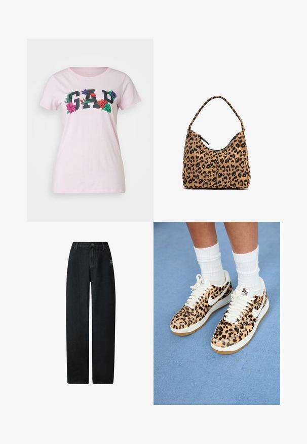 GAP TEE - T-Shirt print - light peony; Schwarze Denim-Jeans mit weitem Bein und hoher Taille, ausgestattet mit einem Fünf-Taschen-Design und einem kleinen bestickten Detail auf der Vorderseite.; Nike Air Force 1 Sneakers im Leopardenmuster mit weißen Schnürsenkeln und Swoosh, ausgestattet mit einer beige Gummisohle und einer strukturierten Oberseite. Weiße Crew-Socken sichtbar.; Tasche mit Leopardenmuster und abgerundetem Griff, aus weichem Stoff gefertigt, mit einem Reißverschlussverschluss oben und schwarzen Akzenten an den Kanten.