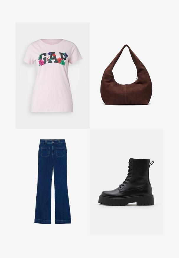 GAP TEE - Triko s potiskem - light peony; Džínové zvonové kalhoty v tmavě modré barvě s hladkou strukturou, pěti kapsami a zapínáním na knoflík v pase.; Černé kožené kotníkové boty s kulatou špičkou, šněrováním na přední straně a silnou gumovou podešví s texturovaným vzorkem. S poutkem vzadu.; Hnědá semišová hobo taška s zakřiveným, širokým uchem a velkým otvorem. Měkká textura se viditelným prošíváním podél okrajů.