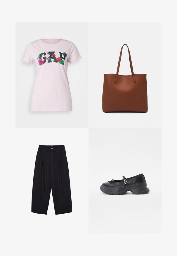 GAP TEE - T-Shirt print - light peony; Schwarze Polyester-Culotte mit einem elastischen Bund, zwei vorderen Falten und einer lockeren Silhouette. Keine sichtbaren Muster oder Hardware-Details.; Schwarze Leder-Mary-Jane-Schuhe mit einer abgerundeten Zehenpartie, Schleifendetail und verstellbarem Knöchelriemen. Mit einer stabilen Gummisohle mit geschwungenen Akzenten.; Braune Leder-Tote mit glatter Textur, offenem Oberteil und zwei Schulterriemen. Verfügt über minimale Nähte und keine sichtbaren Beschläge.