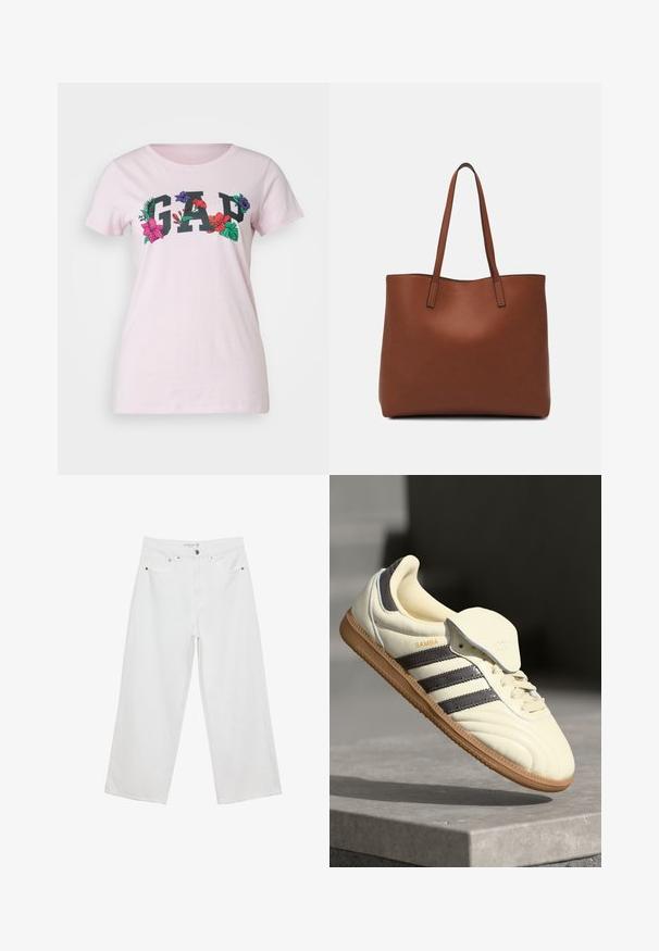 GAP TEE - Printtipaita - light peony; Valkoiset leveälahkeiset farkut, joissa on korkea vyötärö. Tämä malli sisältää viisi taskua ja metallisia yksityiskohtia. Kankaan pinta on sileä, ilman näkyviä kuvioita.; Kreemivärvi nahast tennisekad, millel on kolm tumedat triipu, pruun kummist tald ja ümar varvas. Omab volditavat keelt, millel on silt "SAMBA."; Ruskea nahkainen olkalaukku, jossa on sileä pinta, avoin yläosa ja kaksi olkahihnaa. Omaavat vain minimaalisen ompelun eikä näkyvää metalliosaa.
