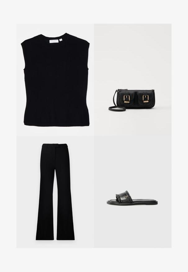 Černý bezramínkový top vyrobený z pleteniny, s kulatým výstřihem a přiléhavým střihem s hladkou texturou. Štítek na zadní straně.; Černé zvonové nohavice s hladkým povrchem, upraveným pasem a předními kapsami, navržené s elegantním, moderním siluetou.; Černé kožené sandály s tkaným detailem pásku, plochou podrážkou a elegantním designem. Hladký povrch a minimalistický profil.; Černá kožená crossbody taška se dvěma předními kapsami, zlatými přezkami, zipovým uzávěrem a štíhlým popruhem. Texturovaný povrch a kompaktní obdélníkový tvar.