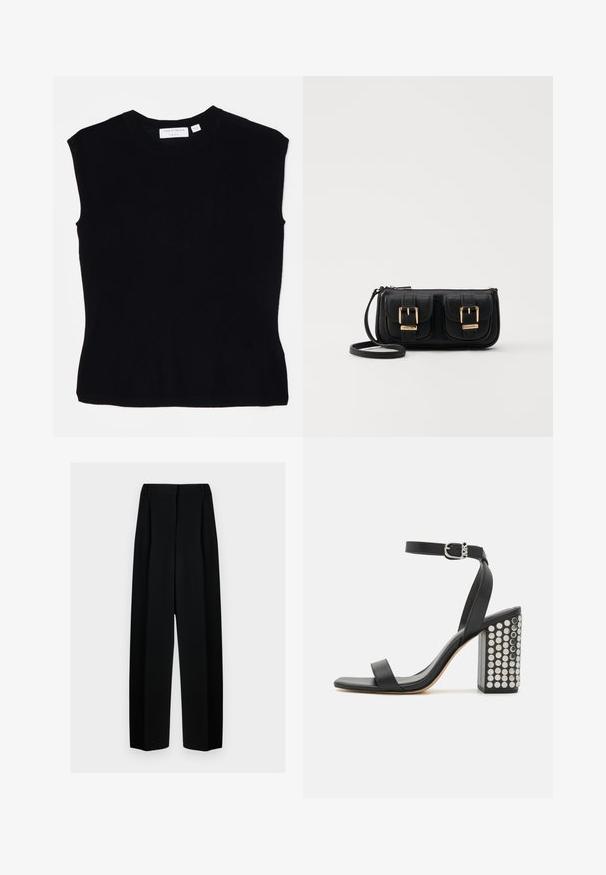 Črna brezrokavna majica iz pletenine, z okroglo ovratnico in prilegajočim krojem z gladko teksturo. Oznaka na hrbtni strani.; Črne široke hlače z visokim pasom, ki vključujejo naborke in gladko teksturo. Tkanina se zdi lahka in elegantno pada.; Črne usnjene sandale s peto in zankami okoli gležnja. Imajo kvadratno konico, gladko teksturo in kvadratno blok peto, okrašeno z odličnimi srebrnimi žebljički.; Črna usnjena torbica čez ramo z dvema sprednjima žepoma, zlatimi zaponkami, zadrgo in ozkim pasom. Tekstura površine je strukturirana, obliko pa ima kompaktno pravokotno.
