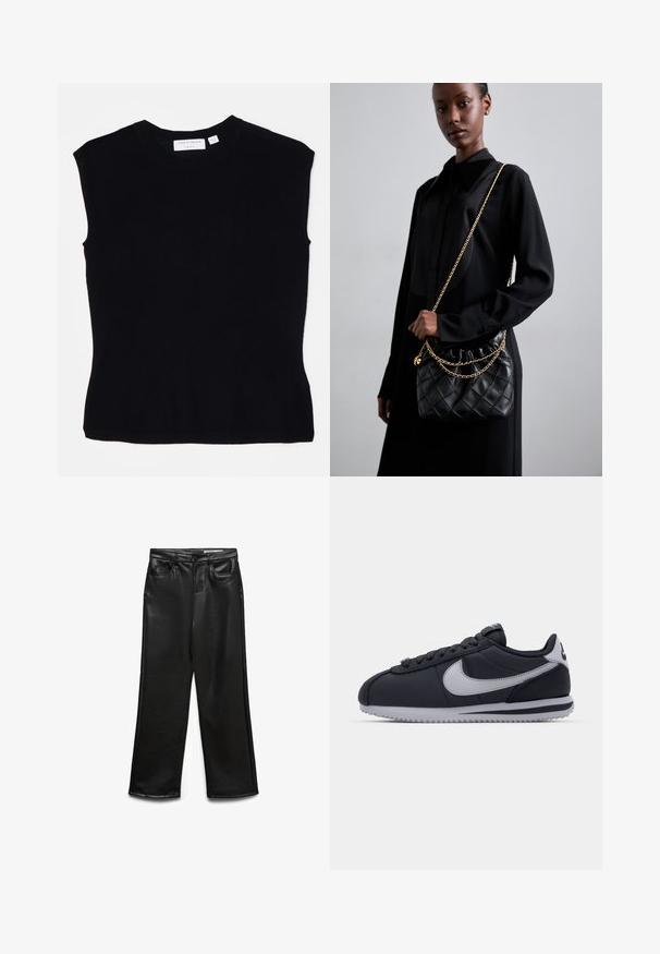 Fekete ujjatlan felső kötött anyagból, kerek nyakkivágással és sima textúrával ellátott, testhezálló fazonnal. Címke a hátsó részen.; Fekete műbőr bőszárú nadrág elején zsebekkel, övbújtatókkal és finom csillogással. Simaságú anyag és szabott fazon.; Fekete sportcipő szürke díszítéssel, sima szintetikus felsőrésszel, texturált talppal, kerek orral és lapos fűzőkkel. Klasszikus dizájn logó részlettel.; Fekete steppelt bőr kézitáska gyűrt toppal, arany lánc vállpánttal és téglalap alakú formával, egyszerű háttér előtt tartva.; A fém virágmintás fülbevalónak texturált fekete közepe és finom részletei vannak. A modellen tiszta bőre és fonott haja oldalnézetből látható.