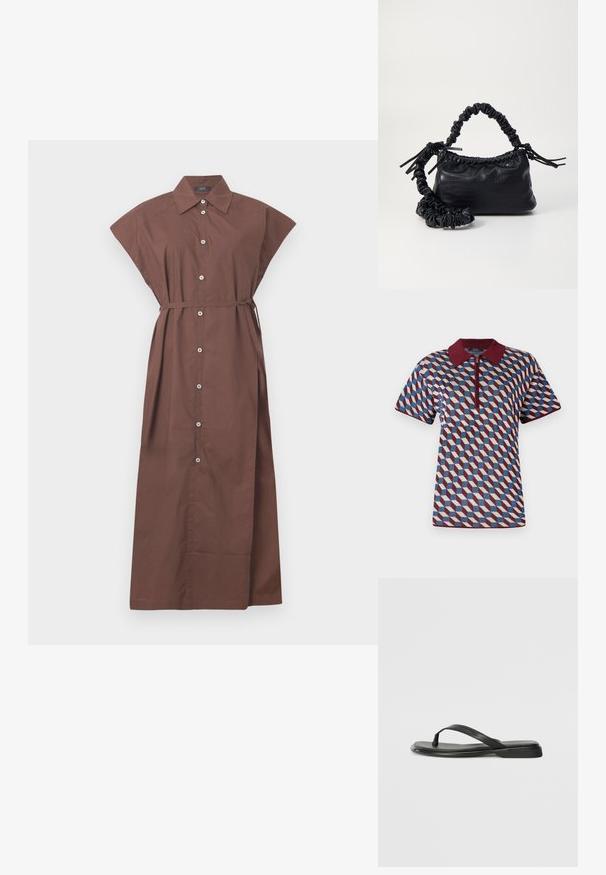 Polo majica v geometrijskem vzorcu z rdečim, modrim in kremnim barvam, kratkimi rokavi ter z zadrgo in rebrastim ovratnikom.; Rjava obleka na gumbe s kragnjo, kratkimi rokavi, pasom, vezanim okoli pasu, in dolgotrajnim, tekočim dizajnom. Gladko bombažno blago.; Črne japanke iz gladke usnjene materiale, z tankim trakastim dizajnom in ravnim podplatom minimalnega profila. Brez opaznih vzorcev ali dodatkov.; Črna torbica iz umetnega usnja s krokodilovo teksturo, z zvitim vrhom in zmečkano naramico. Zdi se mehka in kompaktna v oblikovanju.